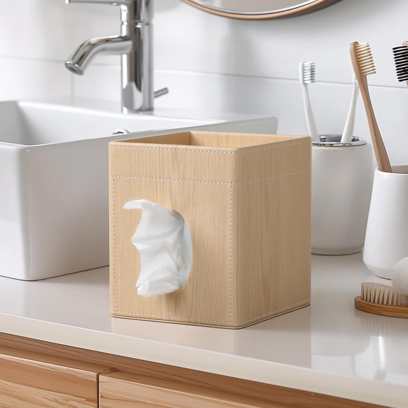 Cretkhp Tissue Box Cover, PU Leather Square Tissue Box Holder with Storage Tray for Bathroom Vanity Countertop Night Stands Bedroom Office Desk, Stylish Tissue Holder Decorative Organizer (Oak) - Image 4